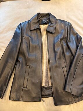 Anne Klein Black 100% Leather Jacket with removable liner